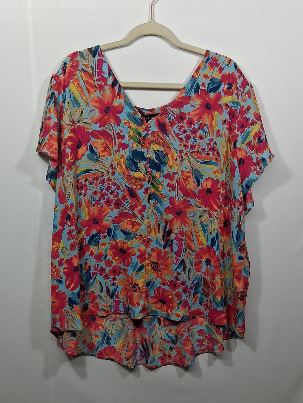 Premise Bright Floral V-Neck Blouse - Teal & Coral